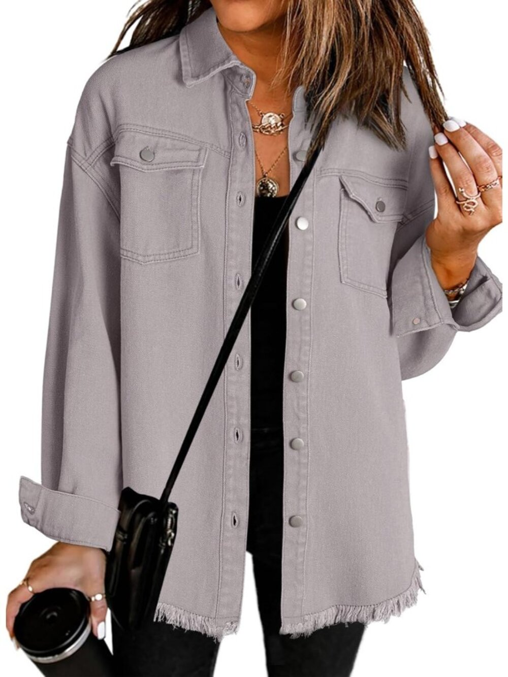Women's Grey Denim Button Down Oversized Distressed Boyfriend Jean Jacket